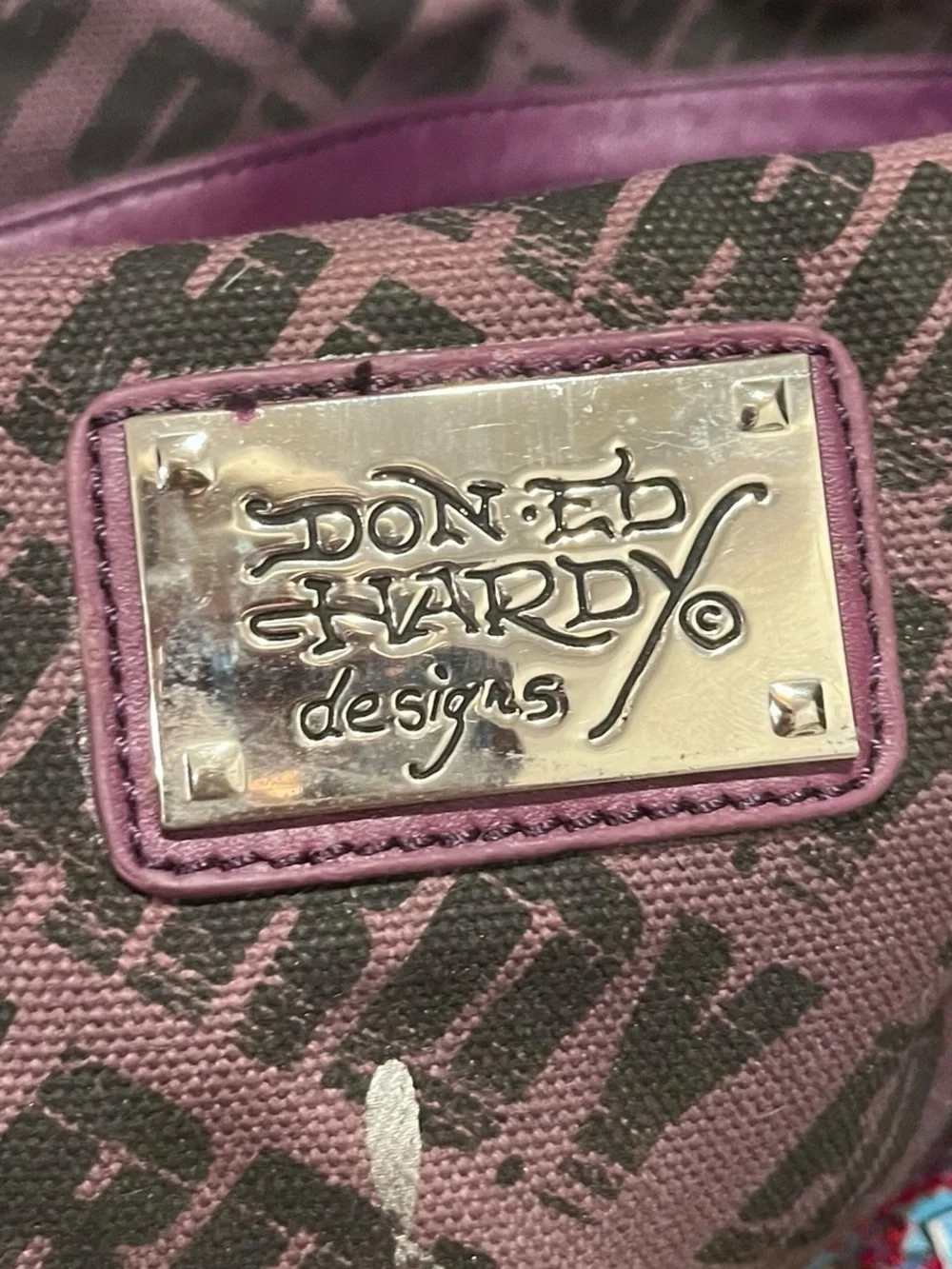 Ed Hardy Purple Geisha Print Tote with Multicolor Accent